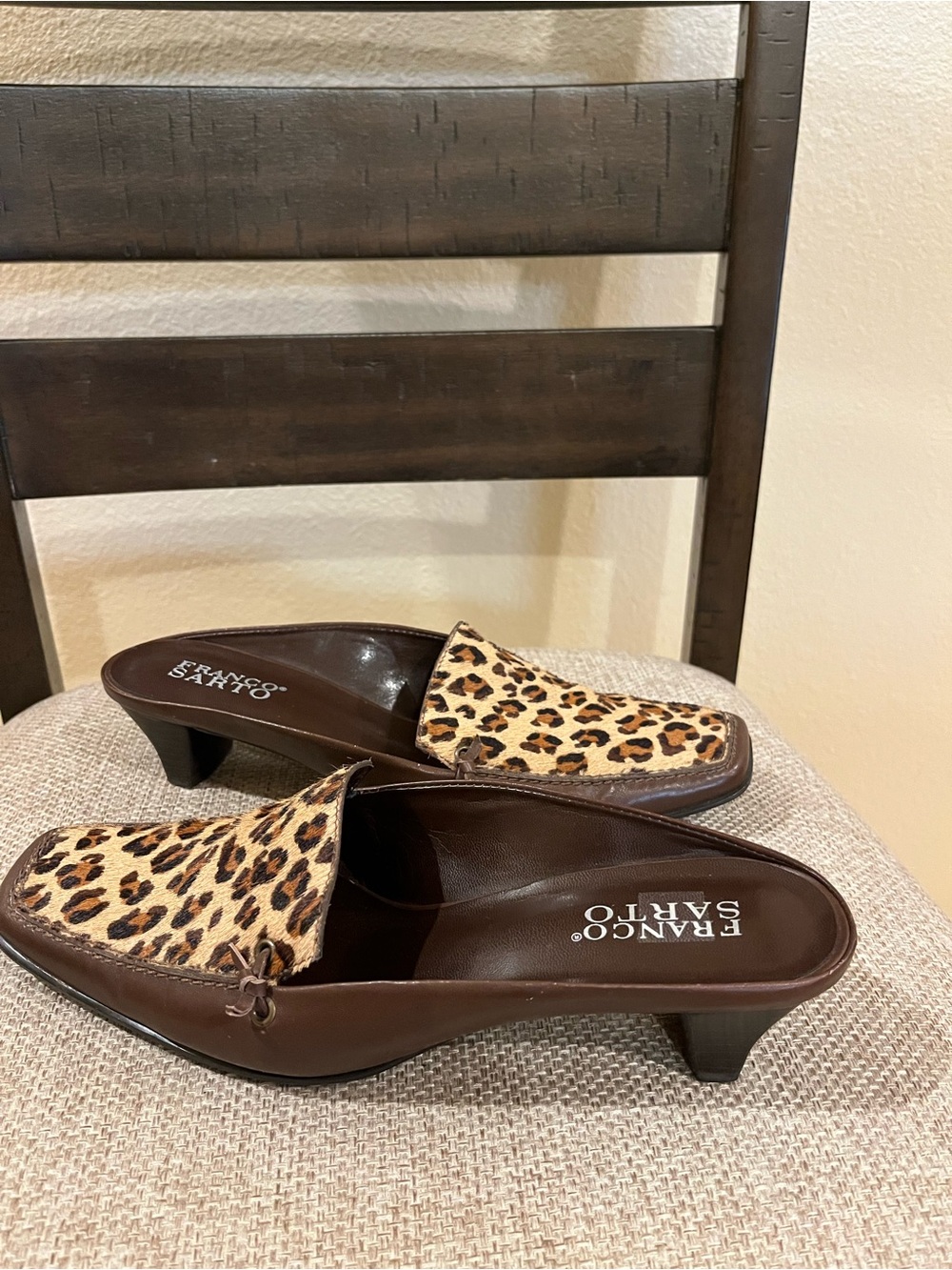 Franco Sarto kitten heel mules. Leather & leopard print calf hair. Brown. 8